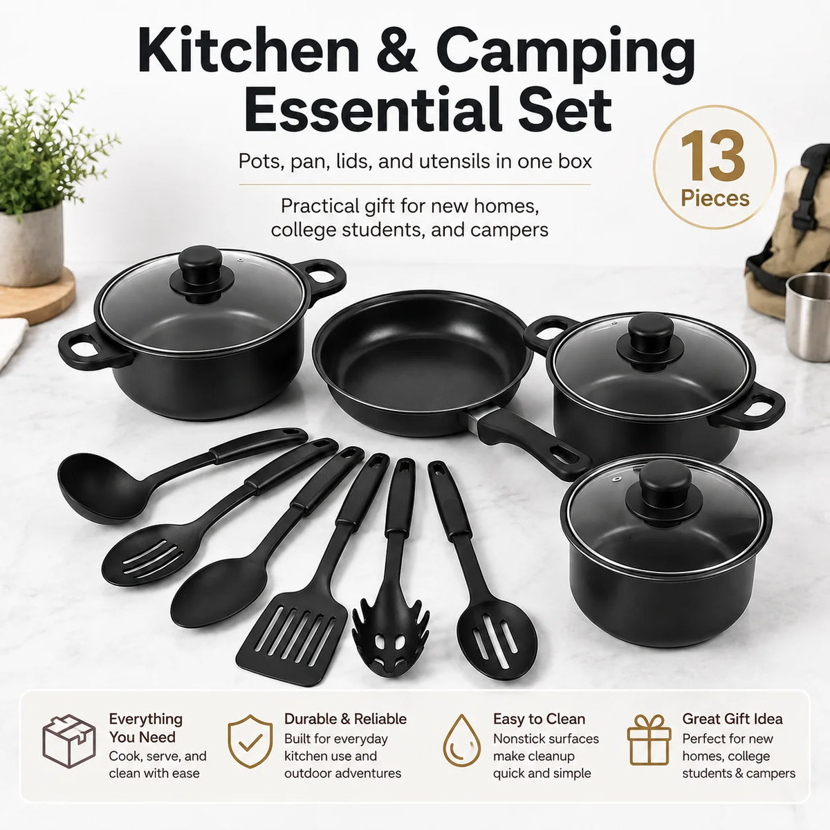 ClarionCook 13-Piece Nonstick Cookware Set  | Pots, Pan, Glass Lids & Utensils