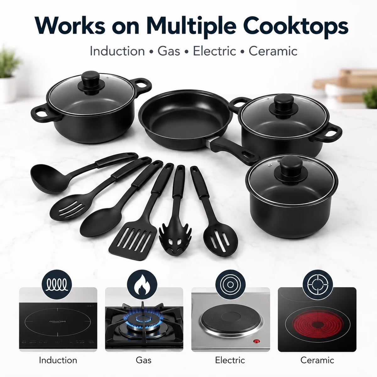 ClarionCook 13-Piece Nonstick Cookware Set  | Pots, Pan, Glass Lids & Utensils