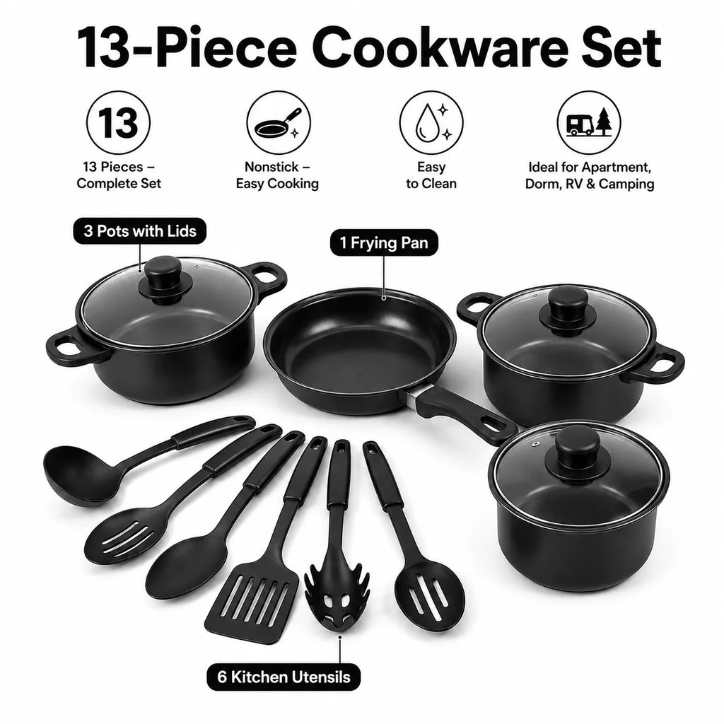 ClarionCook 13-Piece Nonstick Cookware Set  | Pots, Pan, Glass Lids & Utensils