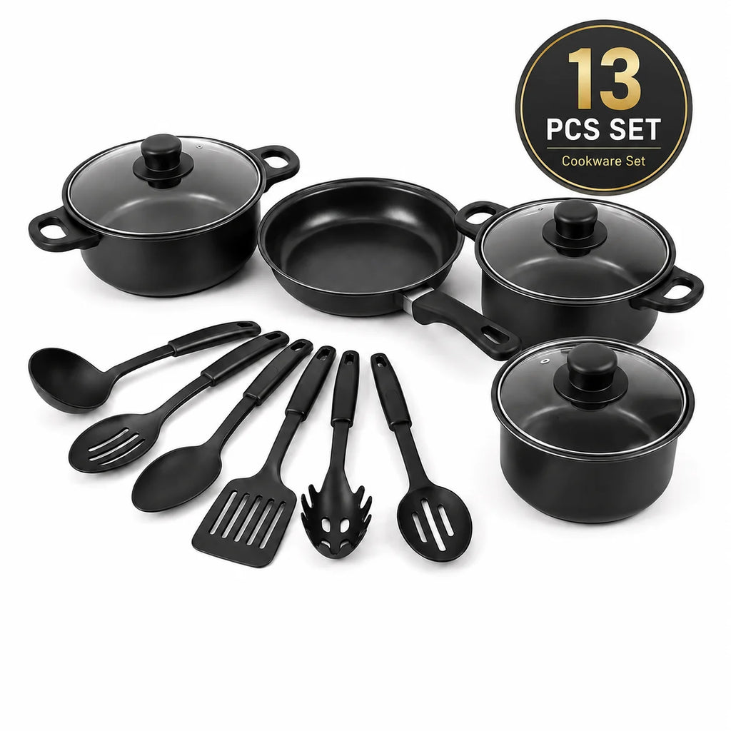 ClarionCook 13-Piece Nonstick Cookware Set  | Pots, Pan, Glass Lids & Utensils