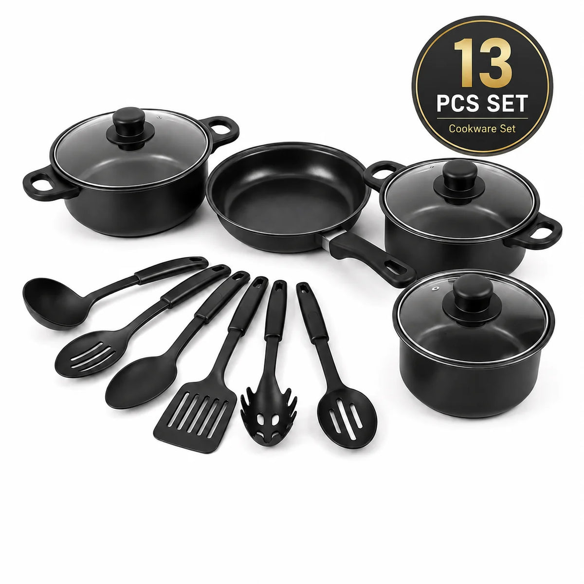 ClarionCook 13-Piece Nonstick Cookware Set  | Pots, Pan, Glass Lids & Utensils