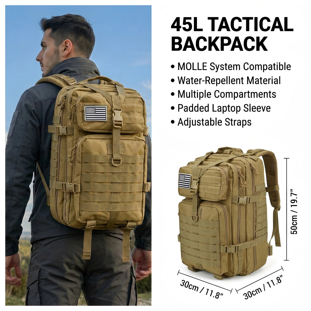 OutRange 45L Tactical Backpack - MOLLE, Water-Resistant, Laptop Sleeve