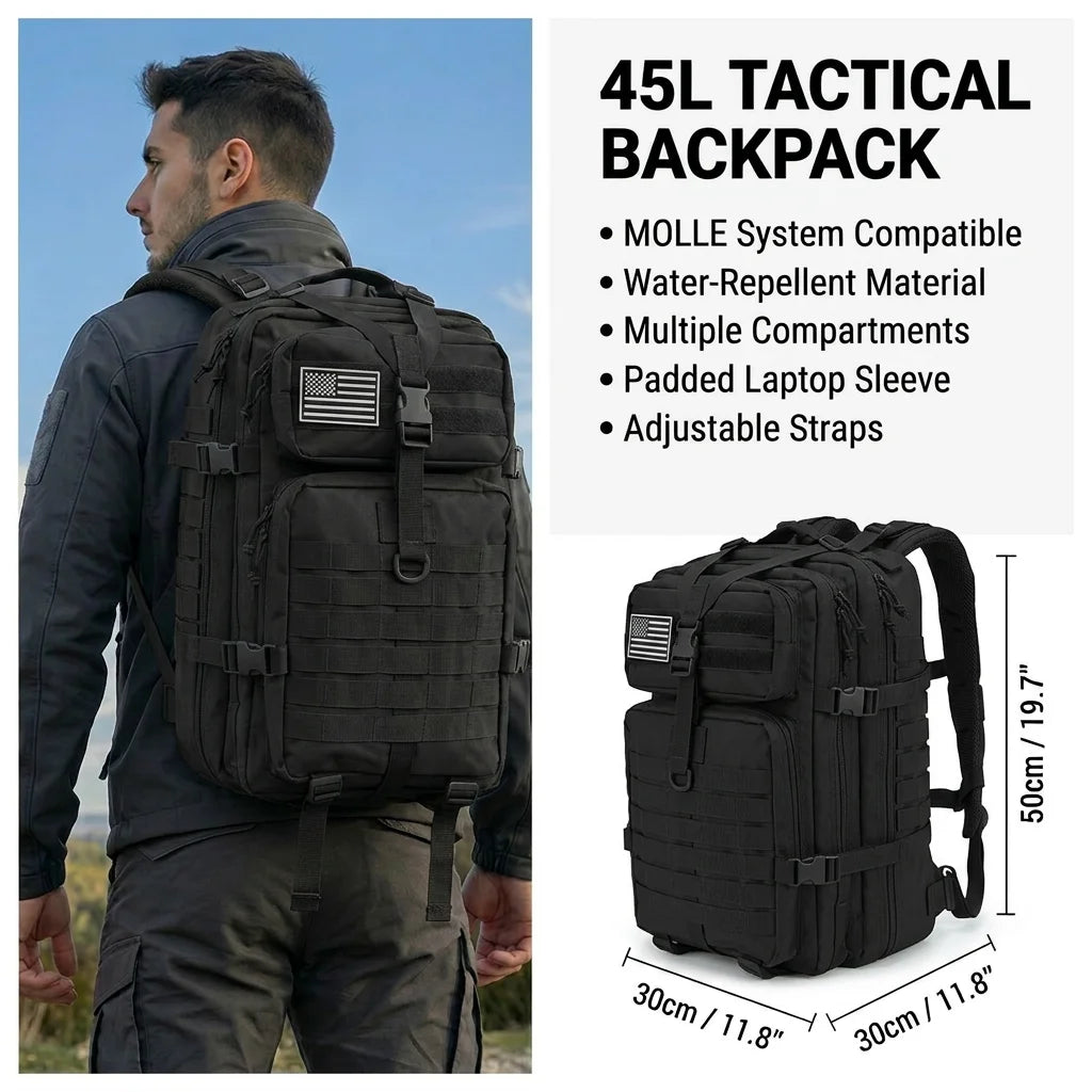 OutRange 45L Tactical Backpack - MOLLE, Water-Resistant, Laptop Sleeve