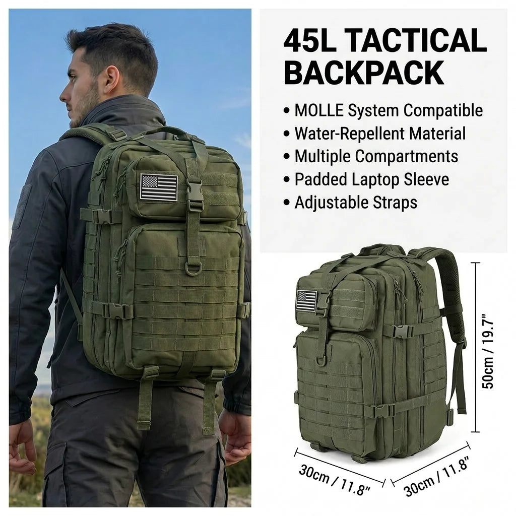 OutRange 45L Tactical Backpack - MOLLE, Water-Resistant, Laptop Sleeve