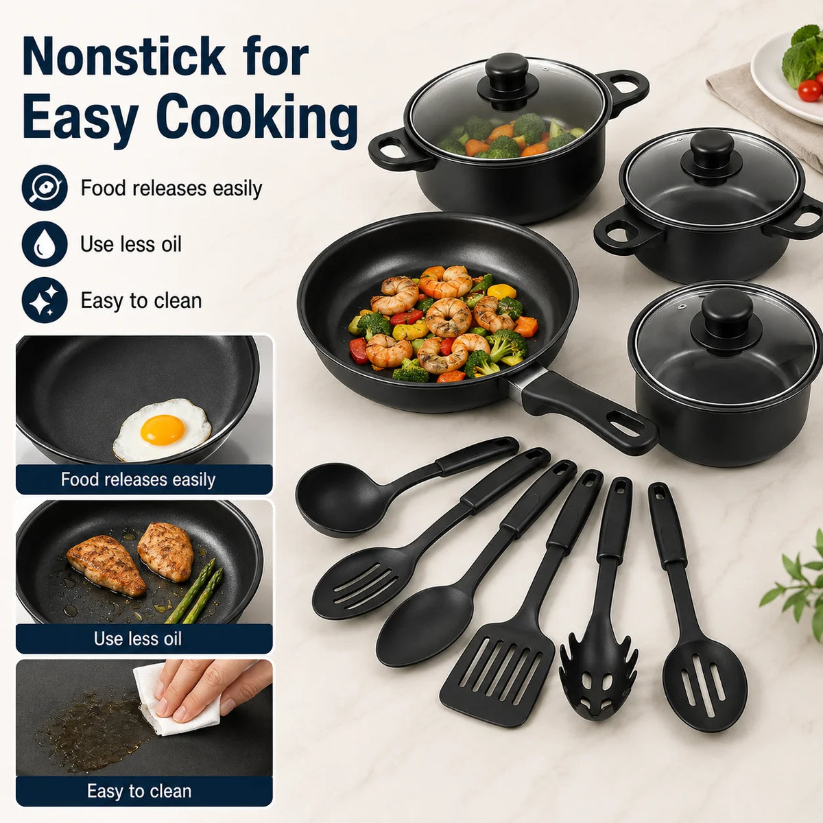 ClarionCook 13-Piece Nonstick Cookware Set  | Pots, Pan, Glass Lids & Utensils